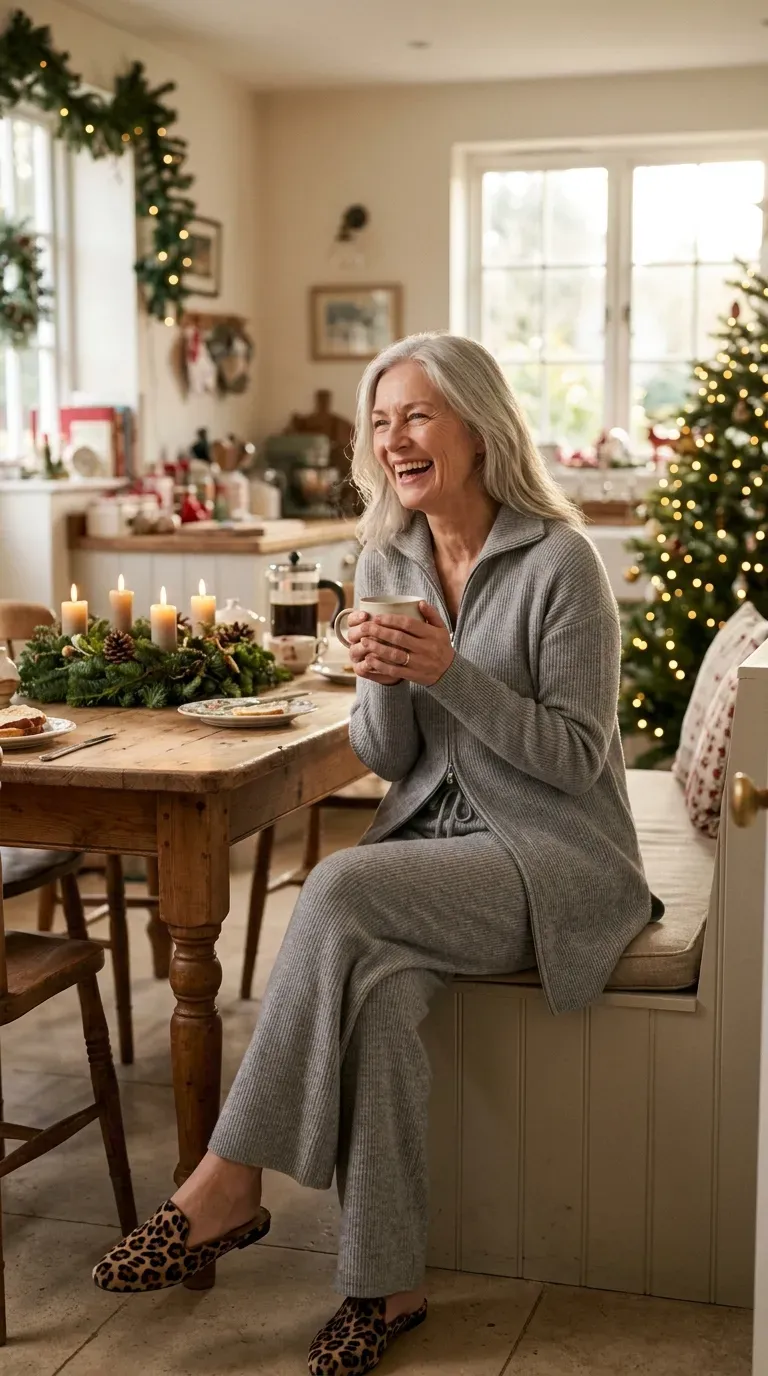 Woman over 50 in grey merino lounge set and leopard slippers on Christmas morning at home
