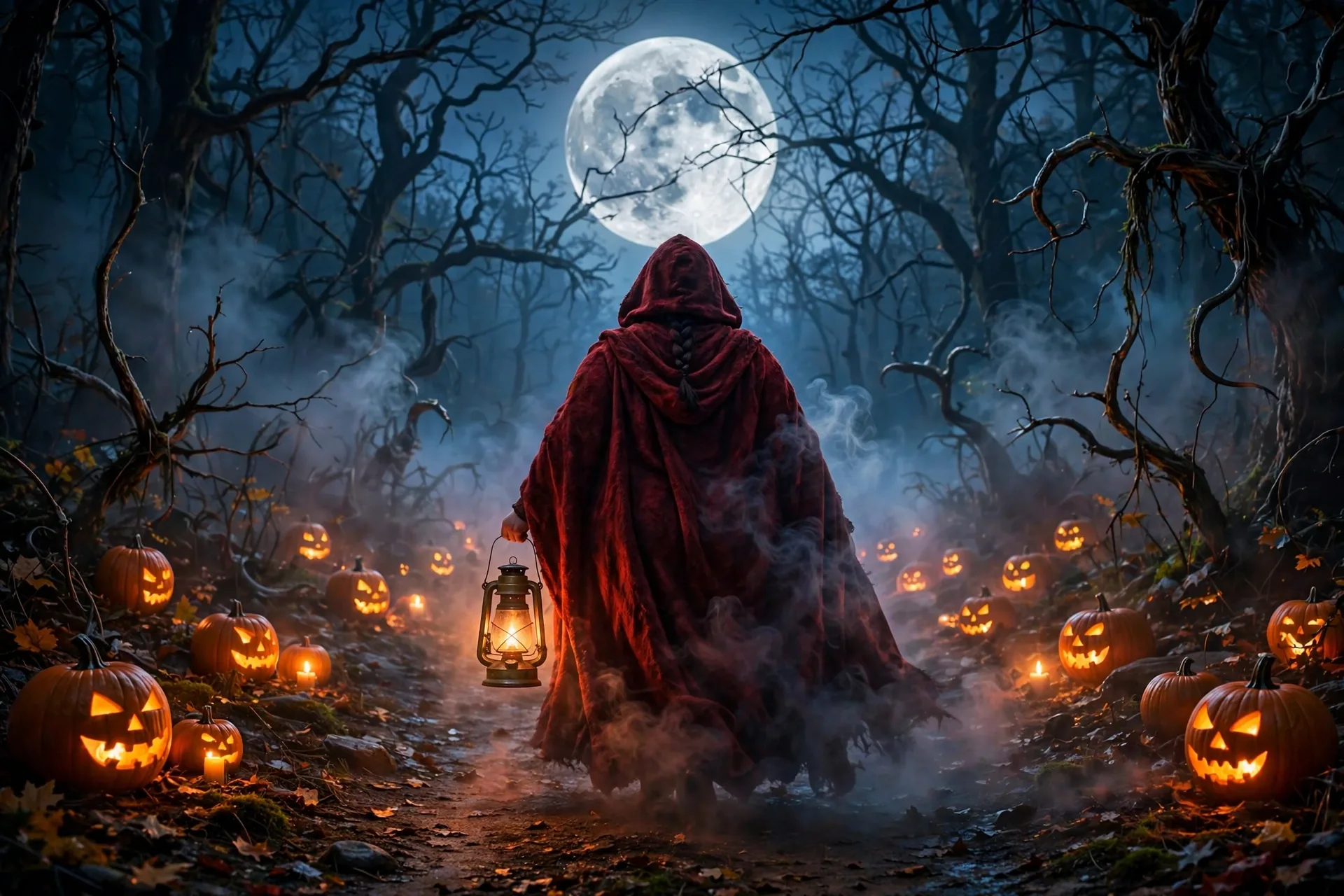 Woman in a black turtleneck and hooded cloak holding a jack-o'-lantern, a headless horseman solo Halloween costume