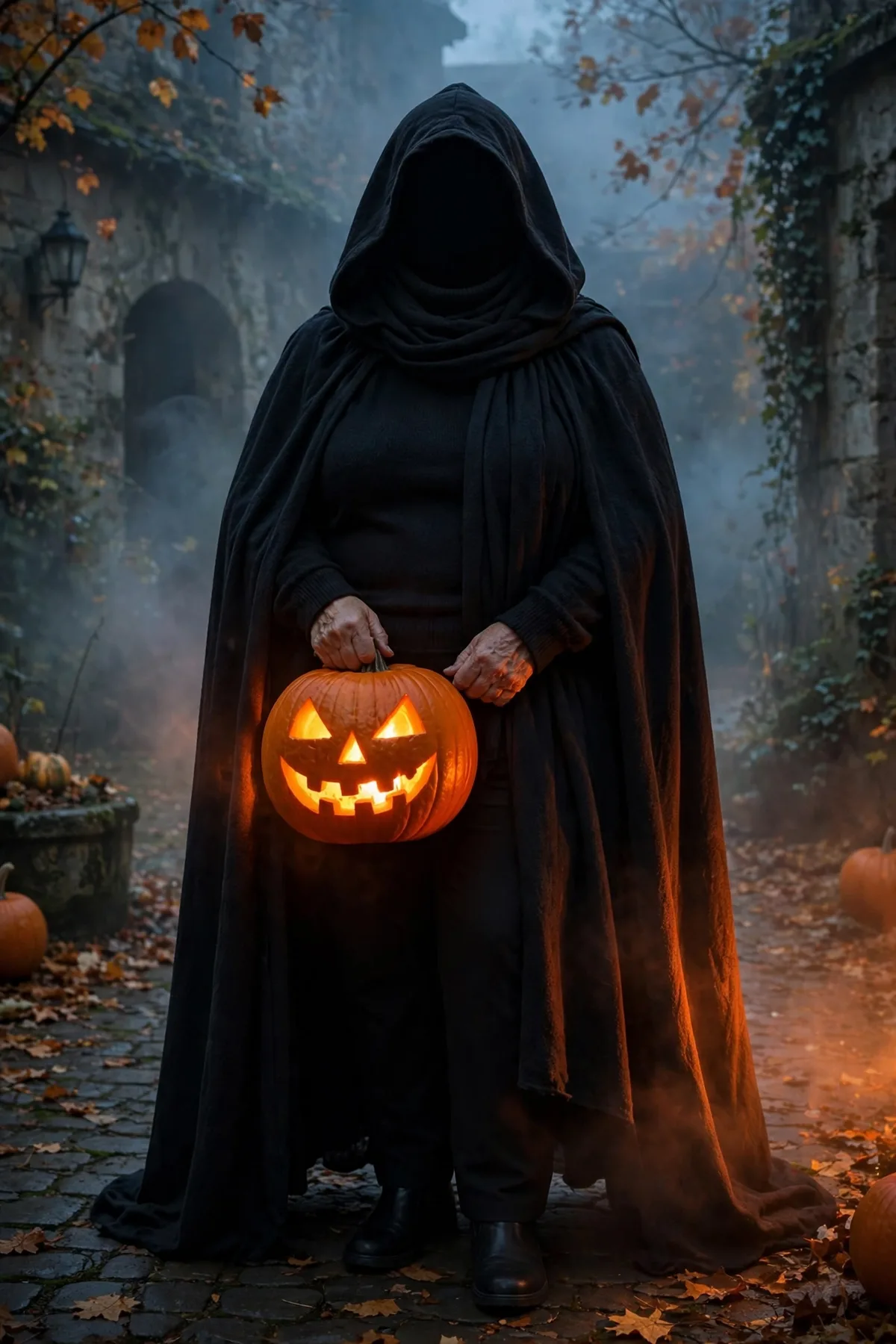 Woman in a black turtleneck and hooded cloak holding a jack-o'-lantern, a headless horseman solo Halloween costume