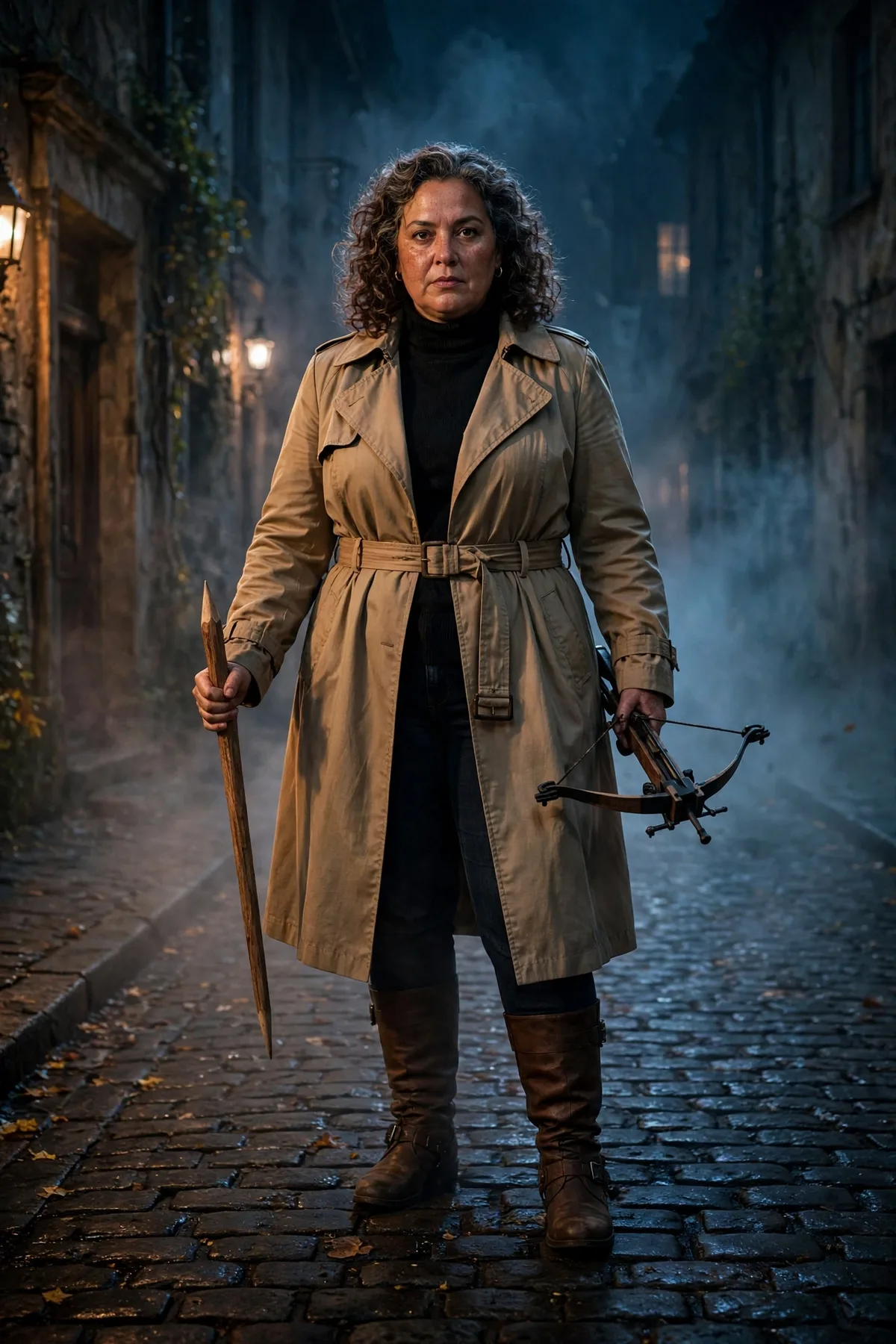 Woman in a tan trench coat and knee boots holding a stake, a vampire hunter solo Halloween costume