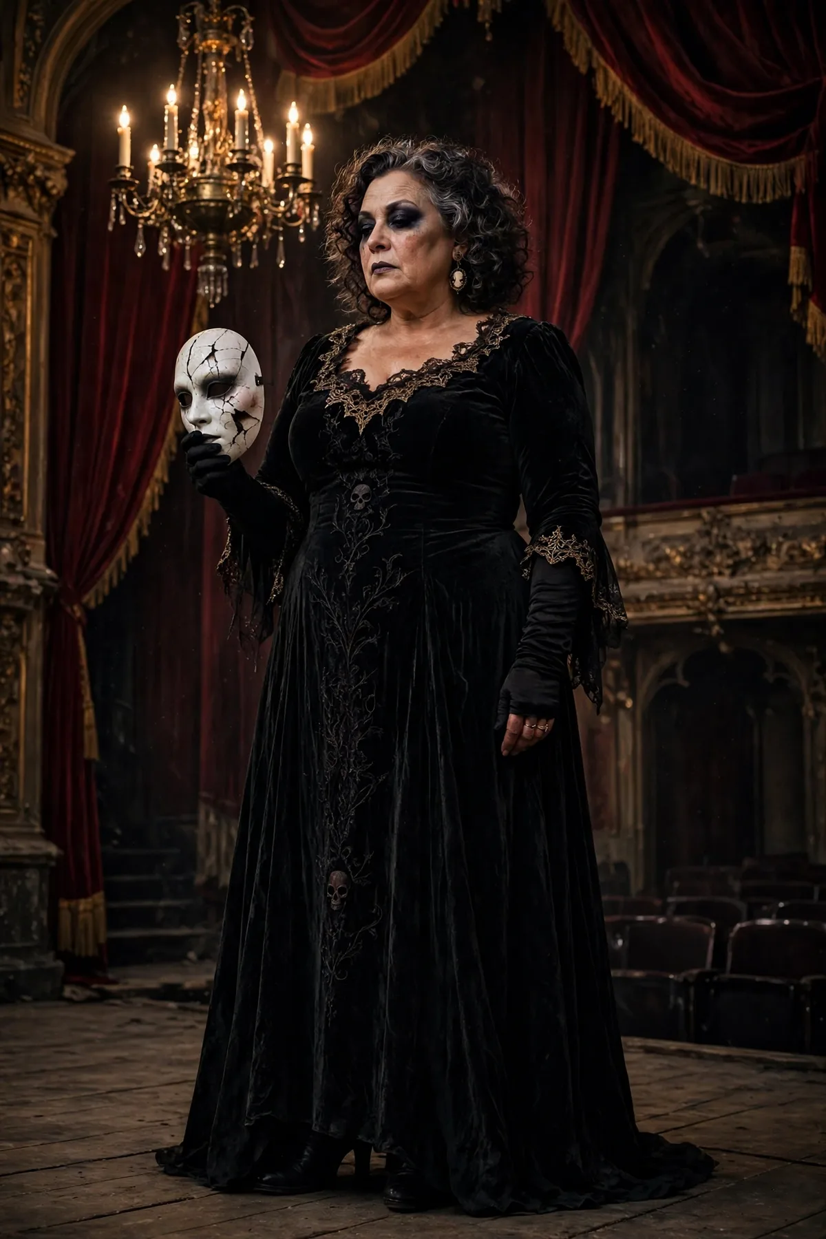 Woman in a black velvet gown and opera gloves holding a cracked porcelain mask, a haunted opera singer solo Halloween costume