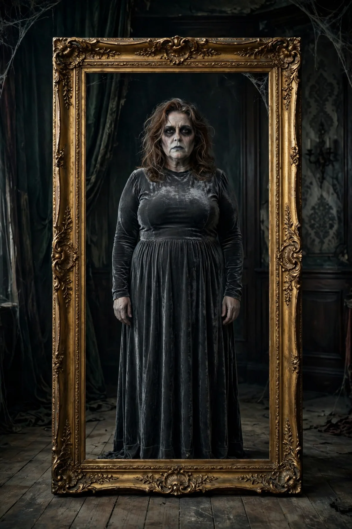 Woman in a charcoal velvet dress standing inside a gold picture frame, a cursed portrait solo Halloween costume