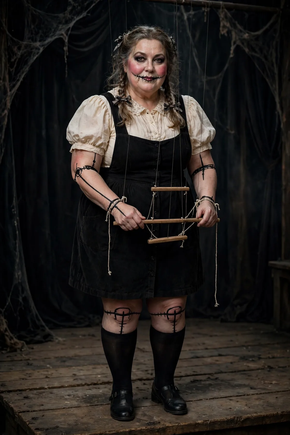 Woman in a cream blouse and black pinafore with painted joints holding a puppet bar, a marionette doll solo Halloween costume