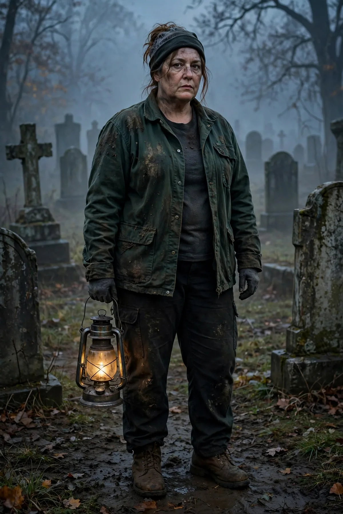 Woman in a dark green work jacket and cargo trousers holding a lantern, a gravedigger solo Halloween costume