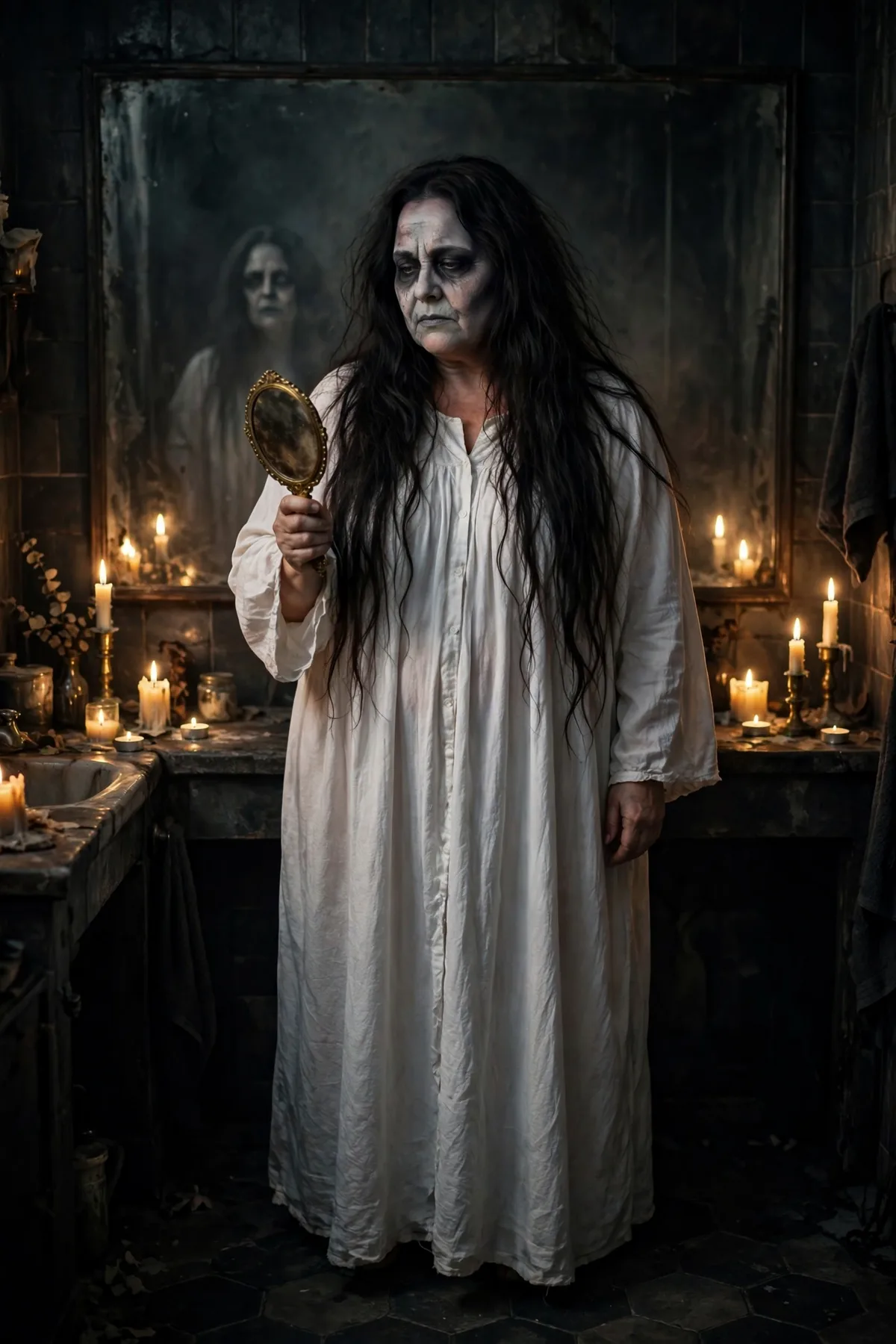 Woman in a white nightgown holding a hand mirror with gray ghost makeup, a mirror ghost solo Halloween costume