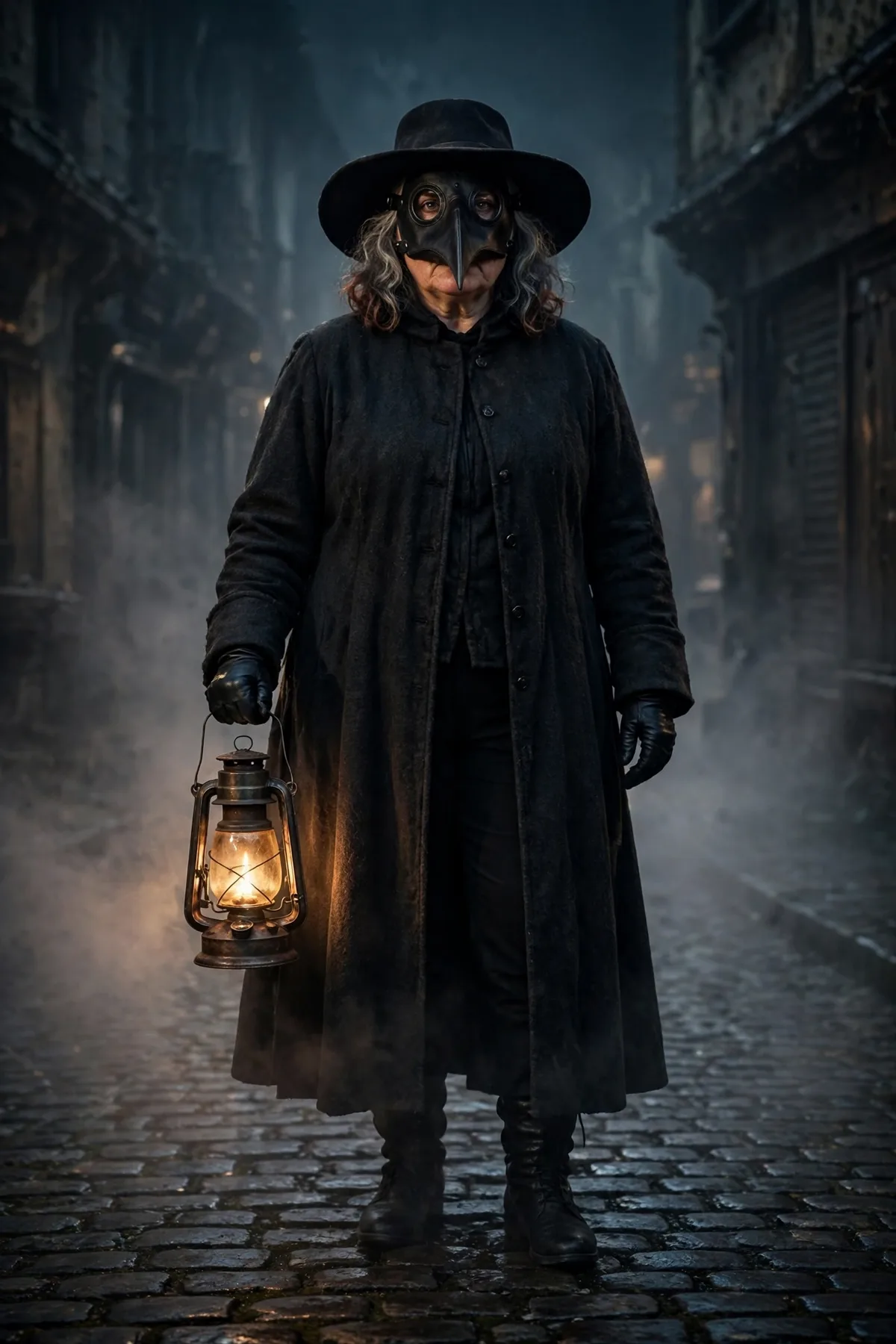 Woman in a long charcoal coat and beak mask holding a lantern, a plague doctor solo Halloween costume
