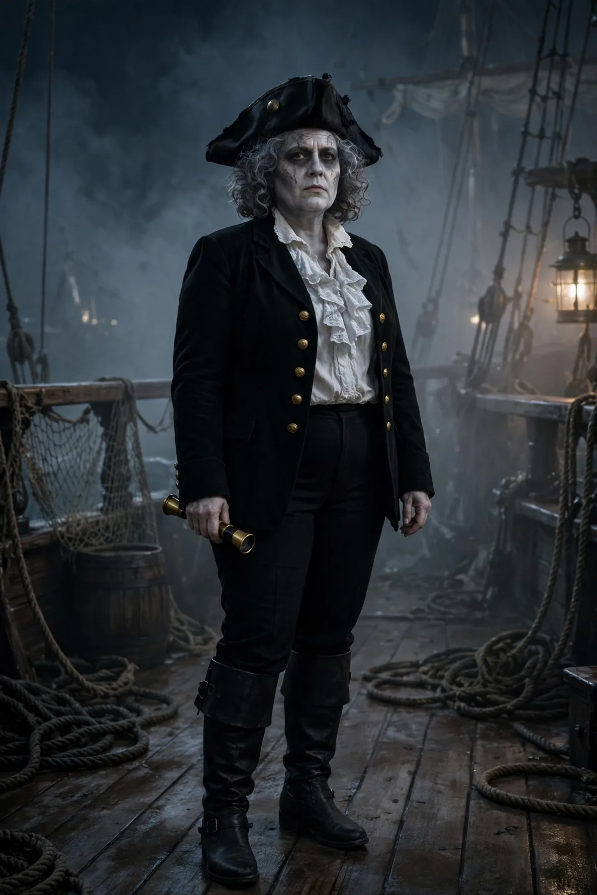 Woman in a tricorn hat and black blazer with a ruffled shirt, a ghost pirate captain solo Halloween costume