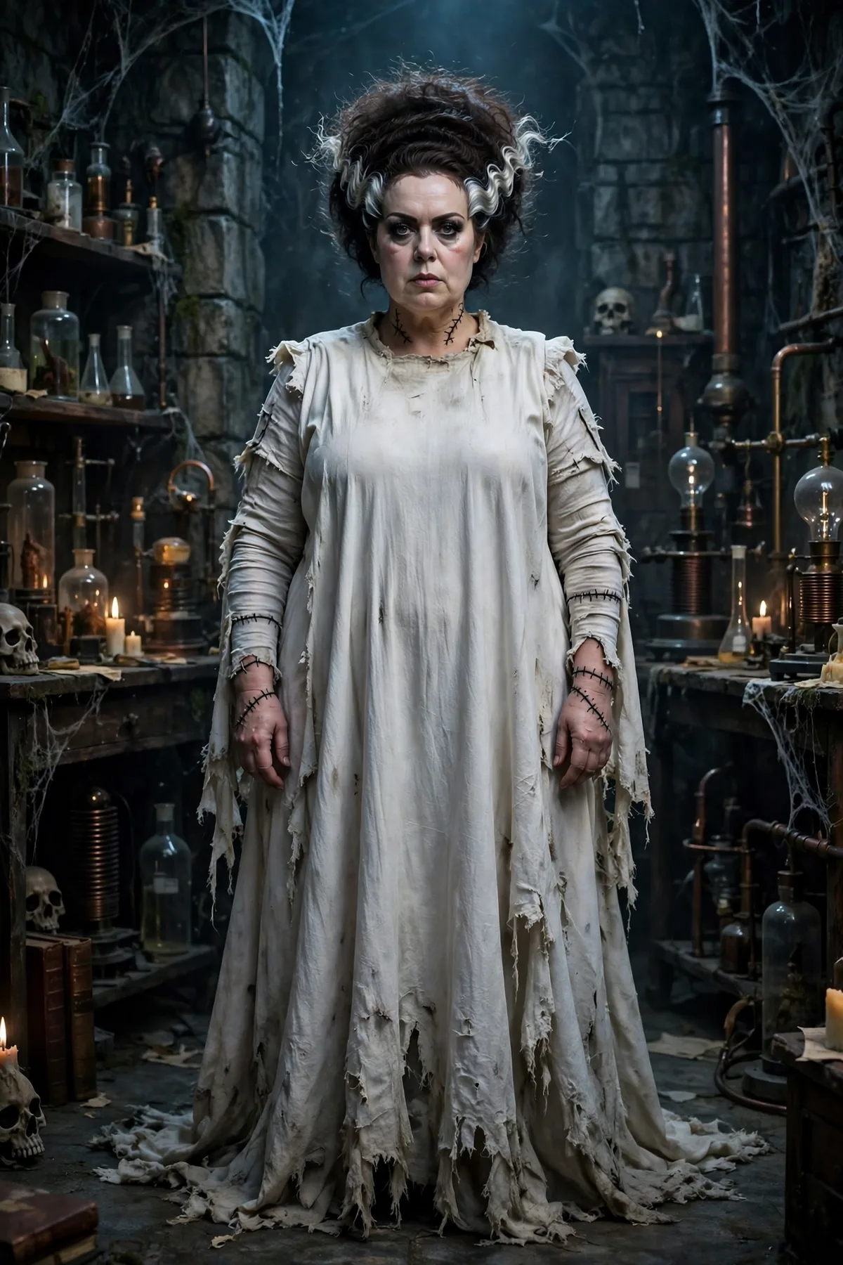Woman in a tattered white gown with tall streaked hair and stitched scars, a Bride of Frankenstein solo Halloween costume