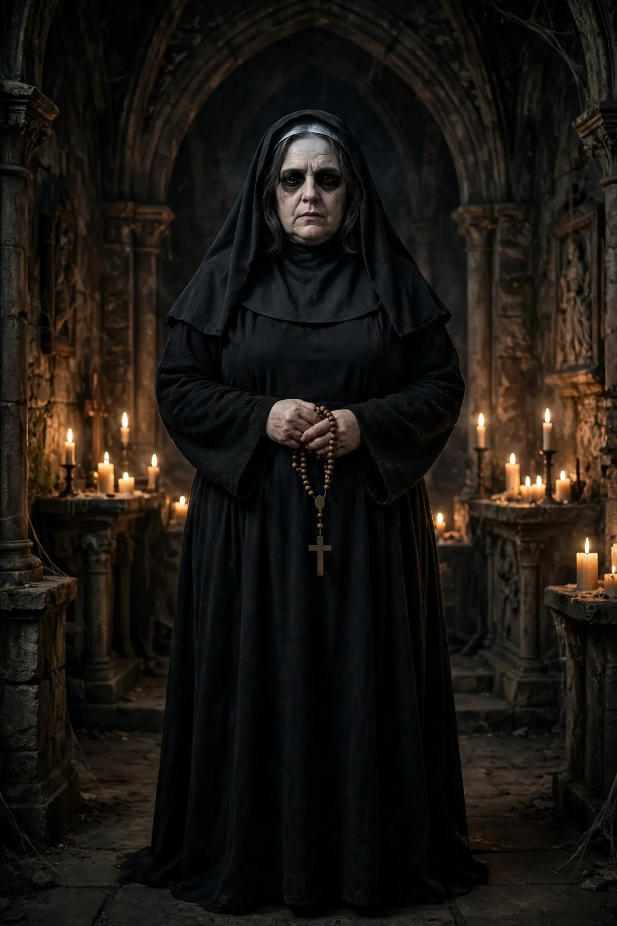 Woman in a black maxi dress and veil with a rosary, a haunted nun solo Halloween costume