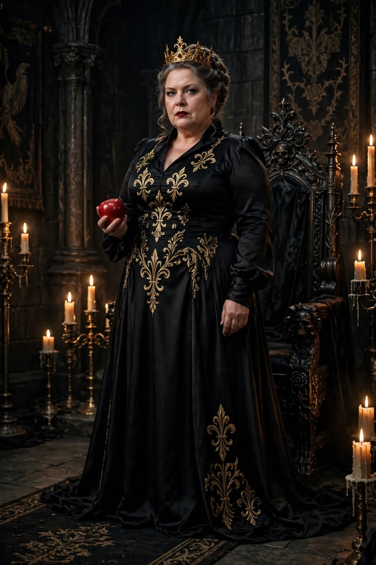 Woman in a black satin dress and gold crown holding a red apple, an evil queen solo Halloween costume