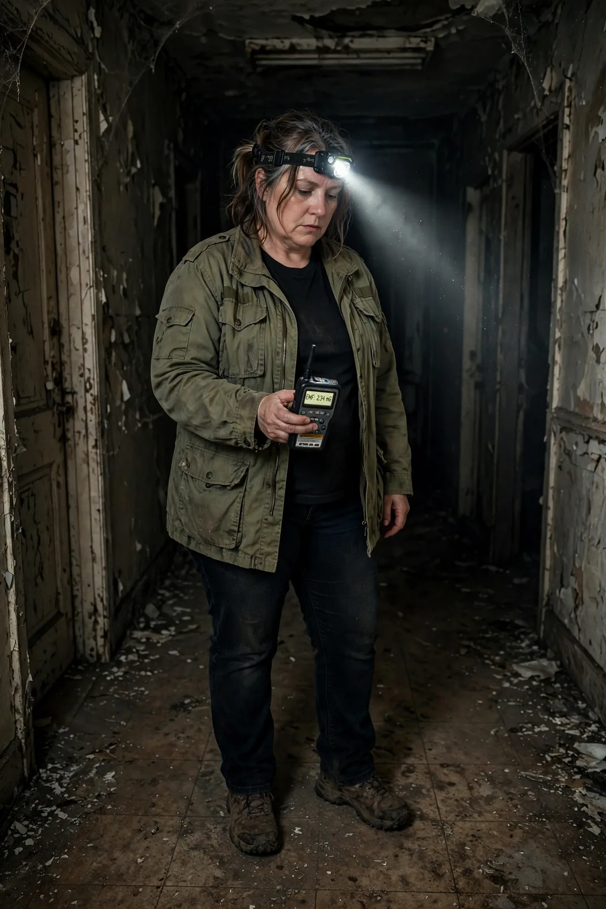 Woman in a khaki utility jacket and headlamp holding a ghost-hunting device, a paranormal investigator solo Halloween costume