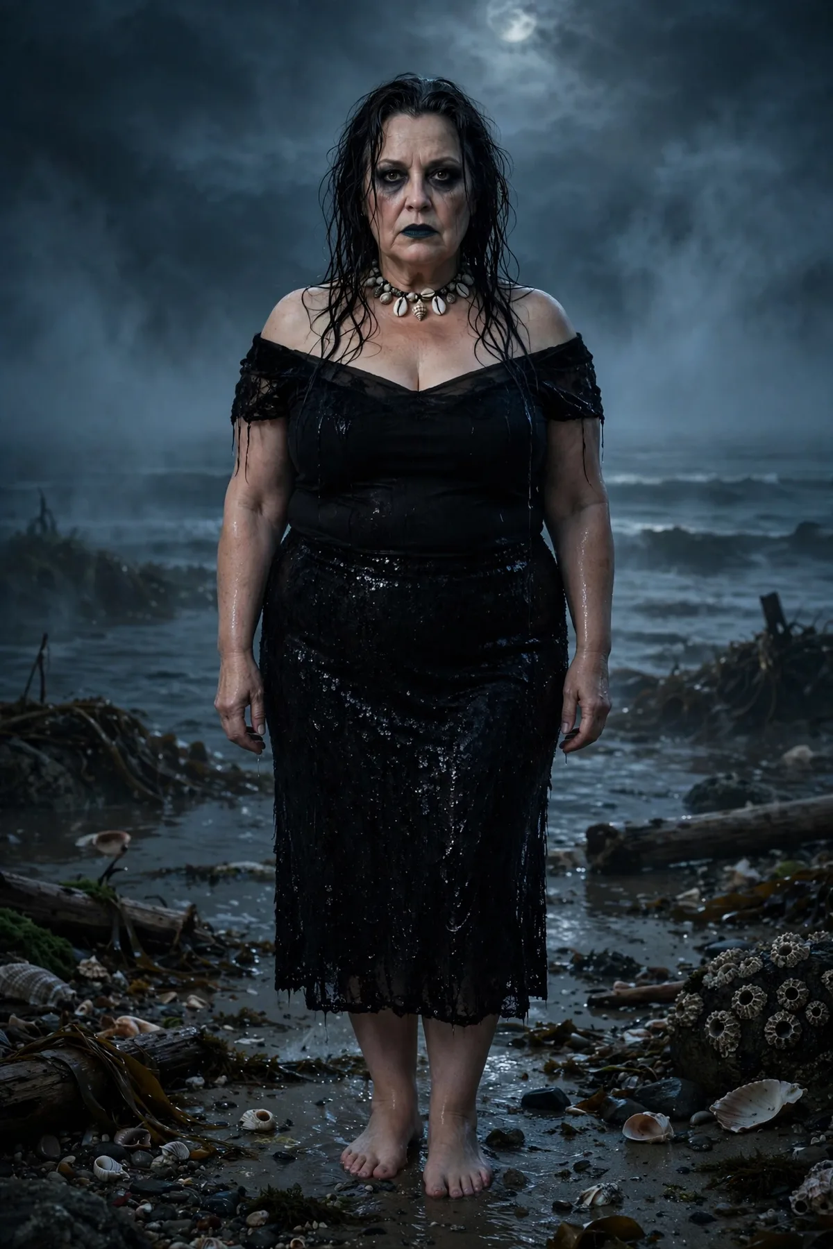 Woman in a black sequin skirt and off-shoulder top with a shell choker, a dark siren solo Halloween costume