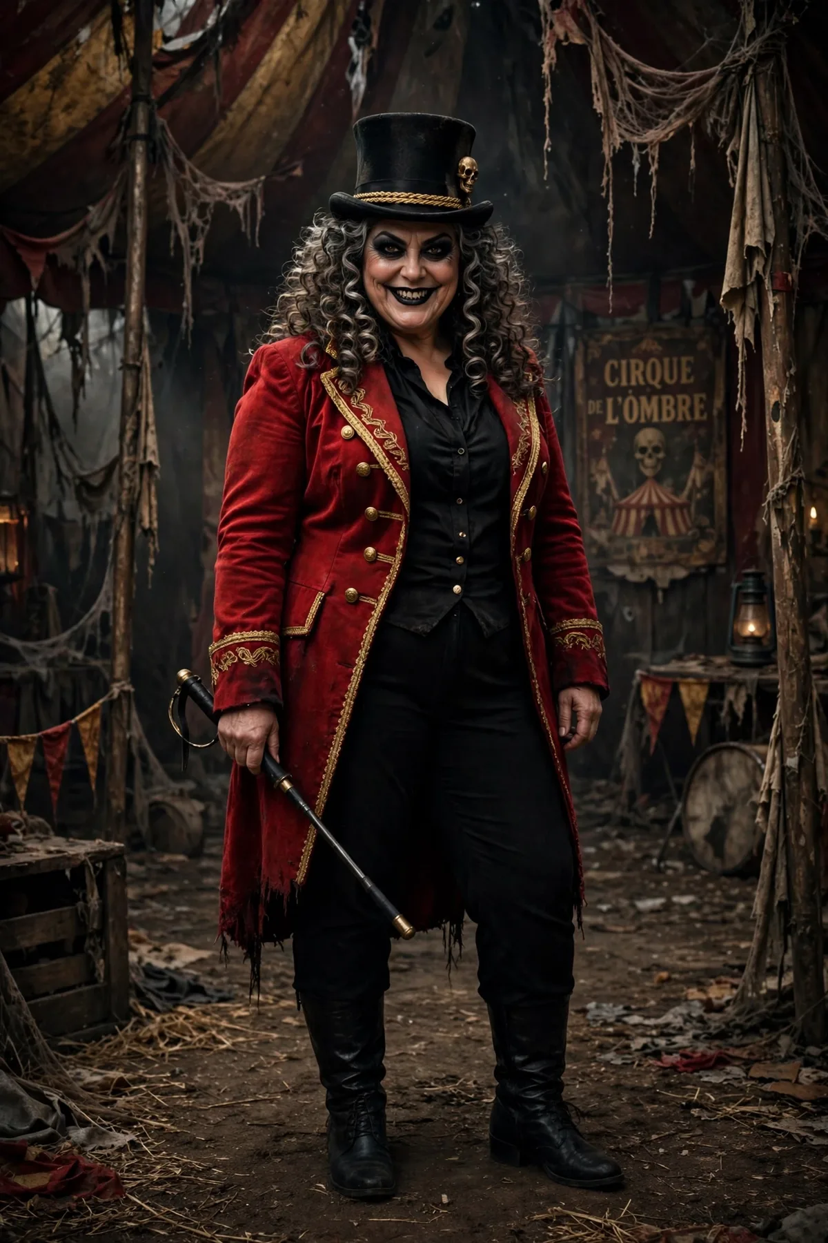Woman in a red tailcoat and top hat holding a riding crop, a haunted ringmaster solo Halloween costume