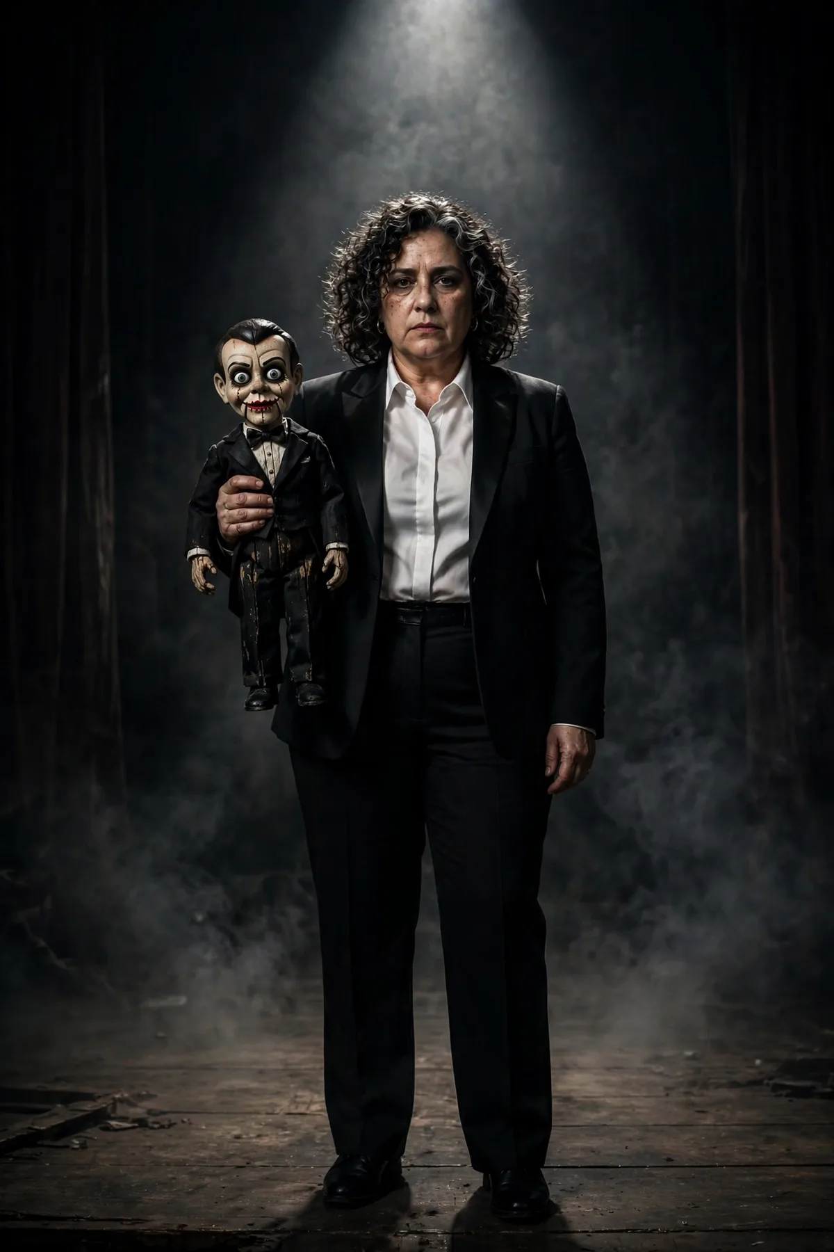 Woman in a black suit holding a creepy ventriloquist doll under a spotlight, a haunted ventriloquist solo Halloween costume