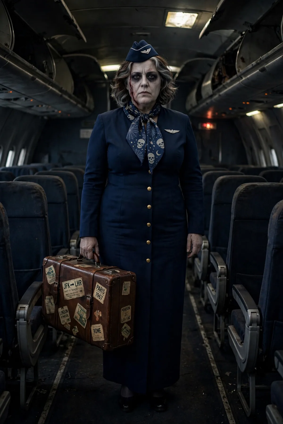Woman in a navy sheath dress and cap with a neck scarf holding a suitcase, a haunted flight attendant solo Halloween costume