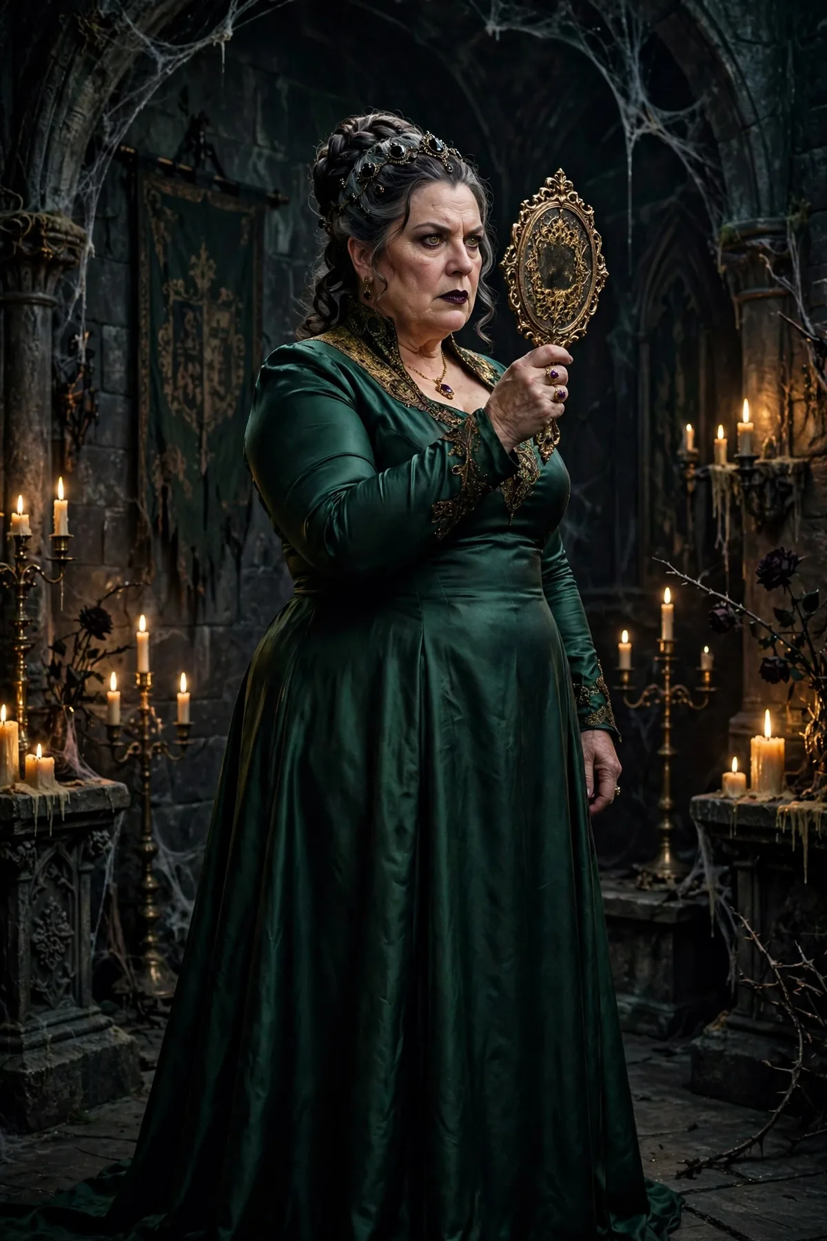 Woman in a deep green satin gown holding a hand mirror, an evil stepmother solo Halloween costume