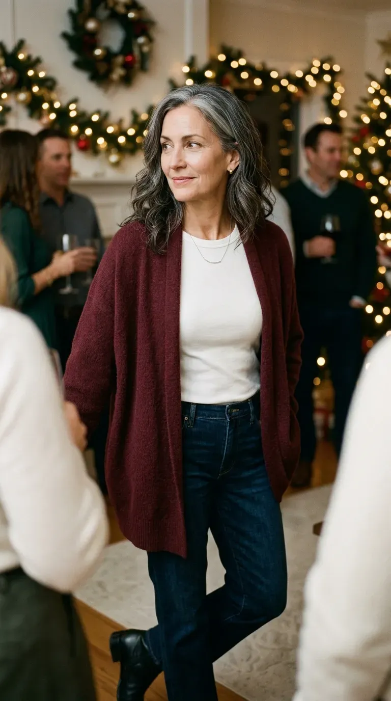 Woman over 50 in straight jeans, burgundy cardigan and gold studs