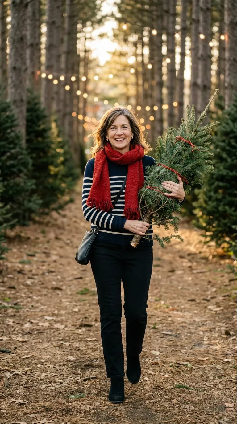 Woman over 50 in striped boatneck sweater, red scarf and black jeans carrying a small tree
