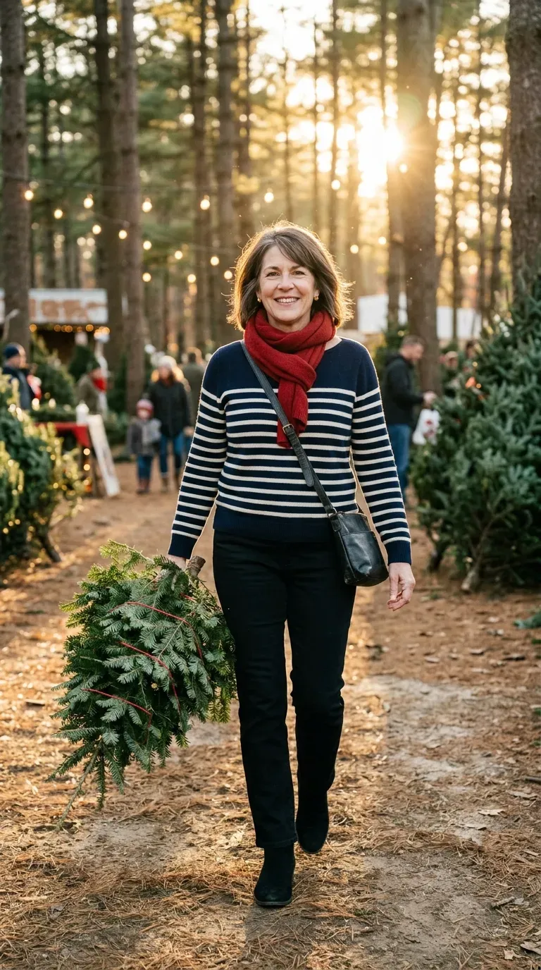 Woman over 50 in striped boatneck sweater, red scarf and black jeans carrying a small Christmas tree