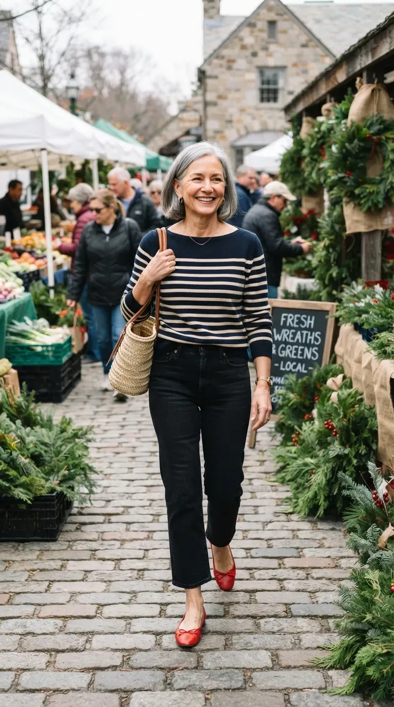Petite woman over 50 in navy striped knit and cropped jeans at a holiday farmers market
