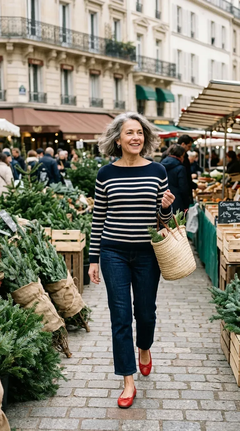 Woman over 50 in navy striped sweater and cropped jeans walking through a holiday farmers market