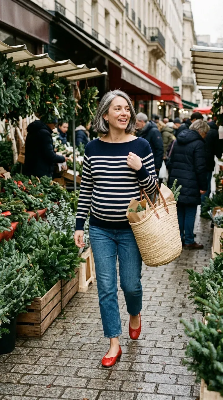 Pregnant woman in navy striped sweater and straight maternity jeans at a holiday farmers market