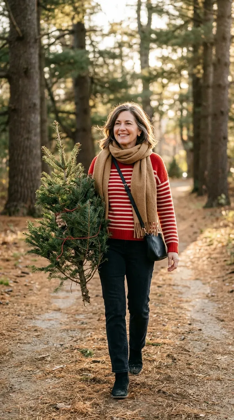 Woman over 50 in red-and-cream striped sweater, dark jeans and ankle boots in a pine-lined lane