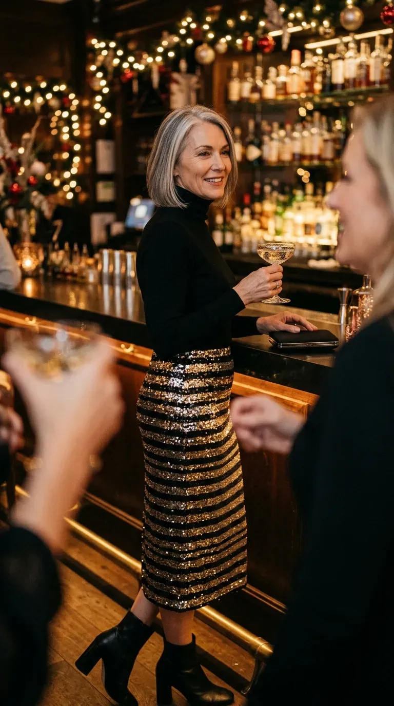 Woman over 50 in striped sequin skirt, black turtleneck and block heels at a festive bar