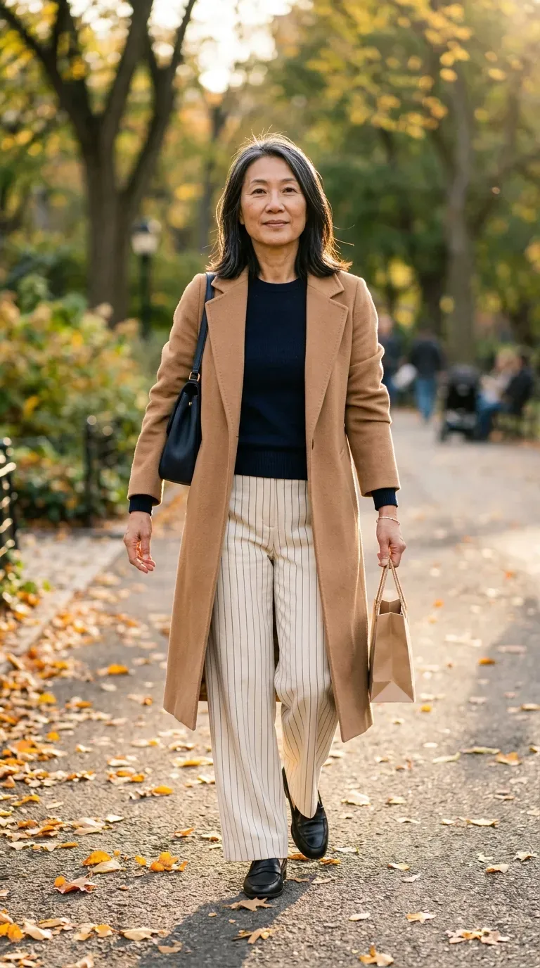 Woman in pinstripe wide-leg trousers and navy knit carrying a gift bag along a park path