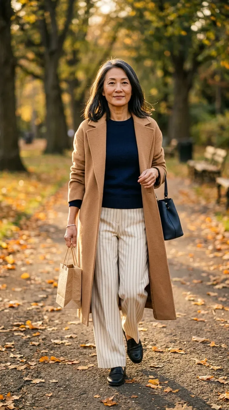 Woman in striped wide-leg trousers and navy knit walking along a park path with a bag