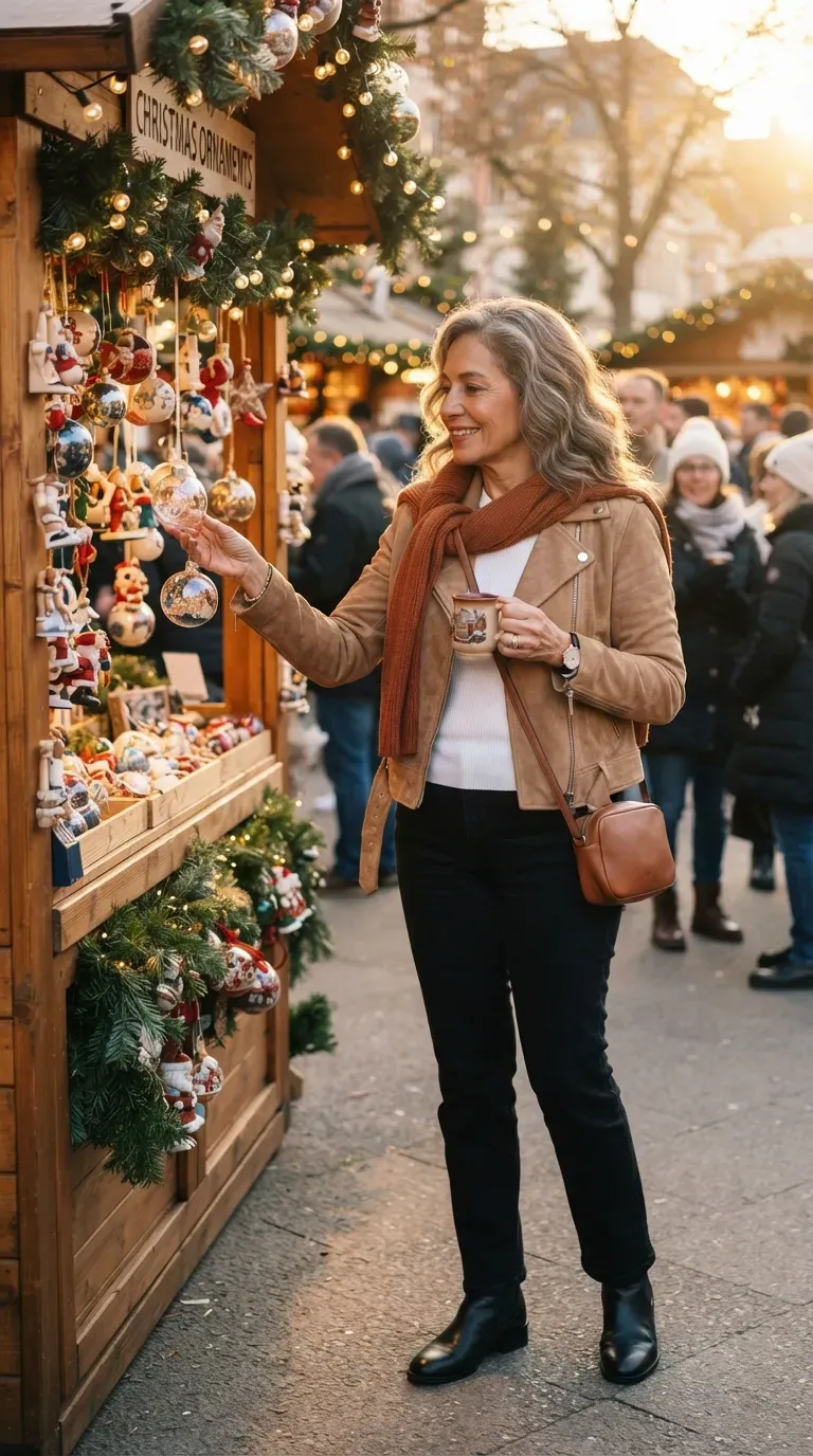 Woman over 50 in a tan suede jacket, white tee and black jeans at a Christmas market