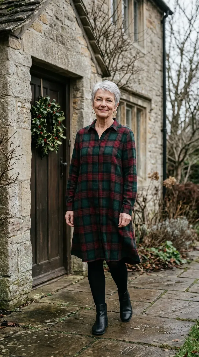 Woman over 50 in tartan dress, black tights and ankle boots for a Christmas card photo