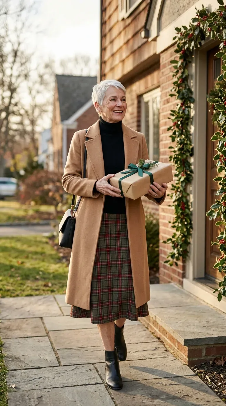 Woman over 50 in tartan midi skirt, black turtleneck and ankle boots at a Christmas family gathering