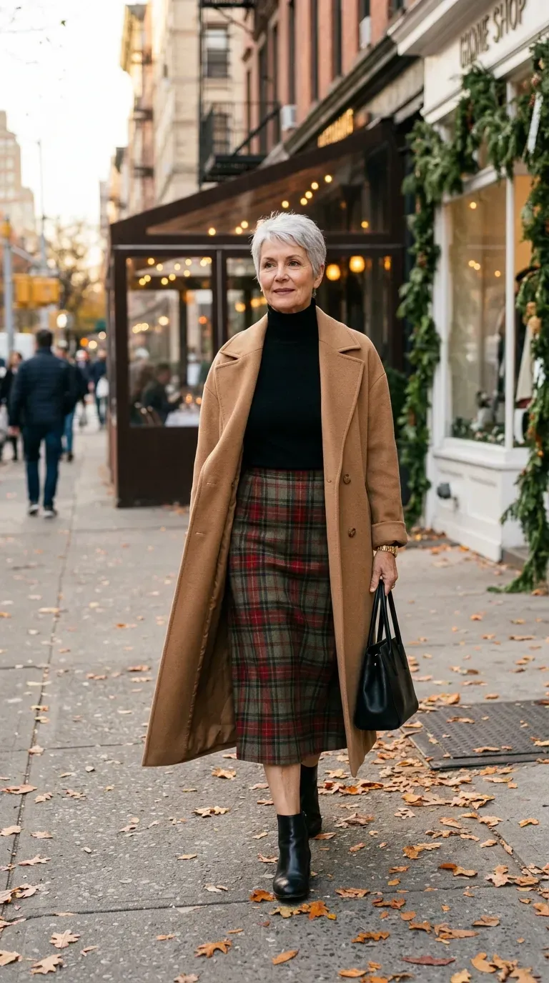 Woman over 50 in tartan midi skirt, black turtleneck and ankle boots near a restaurant