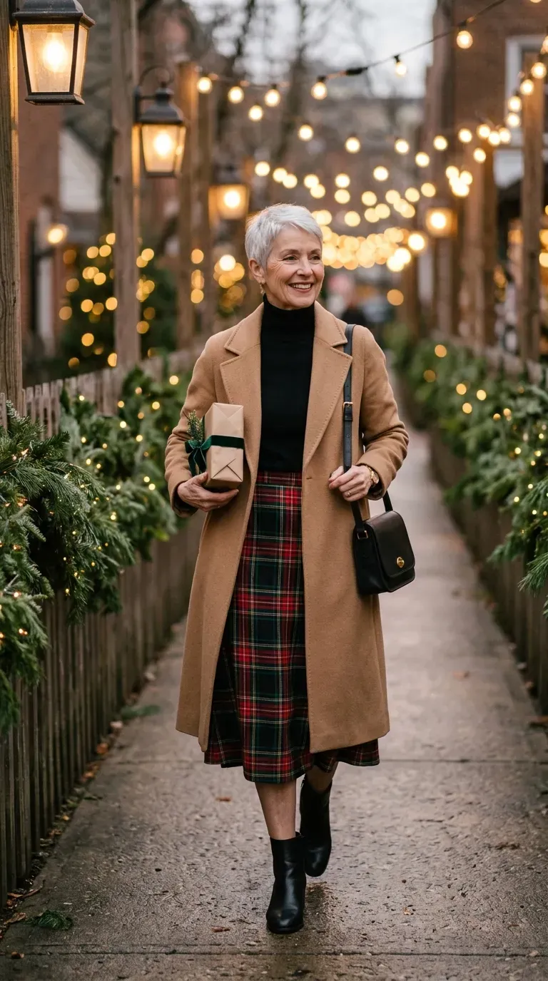 Woman over 50 in tartan midi skirt, black turtleneck and boots walking down a snowy-lit lane