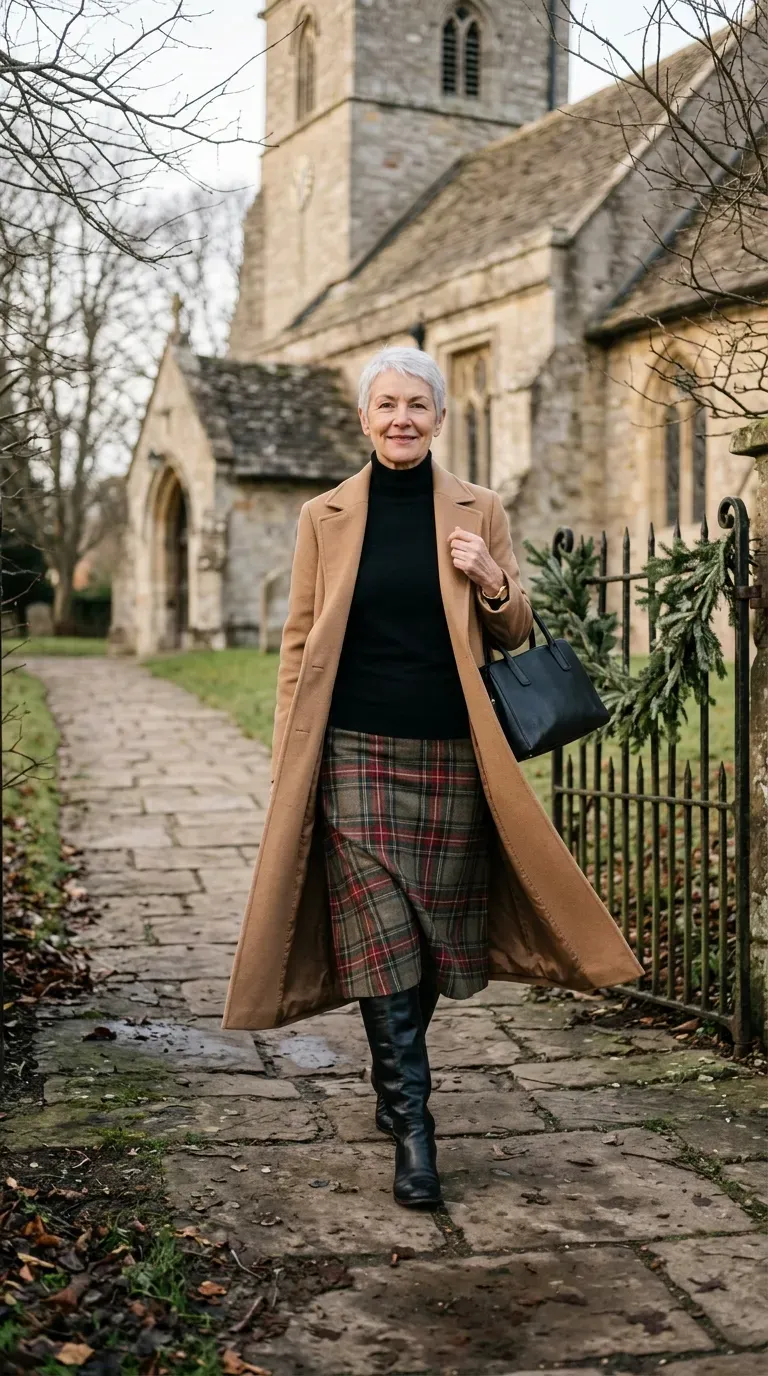 Woman over 50 in tartan midi skirt, black turtleneck and tall boots on a church path
