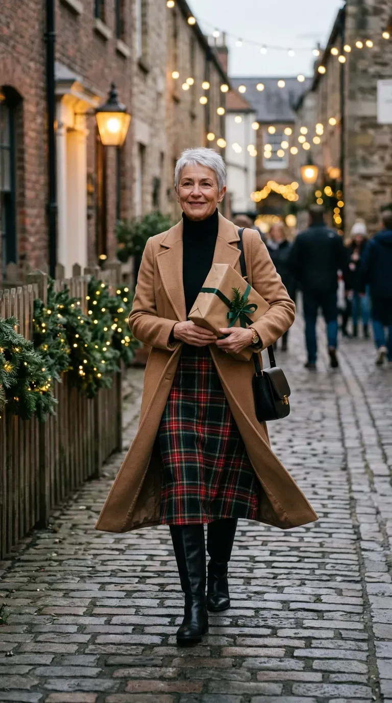 Woman over 50 in tartan midi skirt, black turtleneck and tall boots on a lantern-lit lane