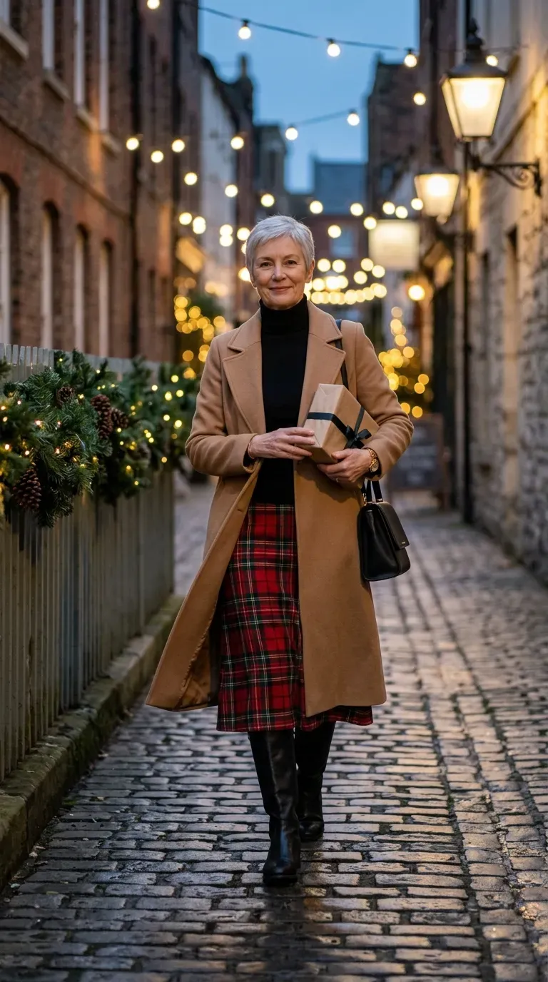 Woman over 50 in tartan midi skirt, black turtleneck and tall boots on a lantern-lit lane