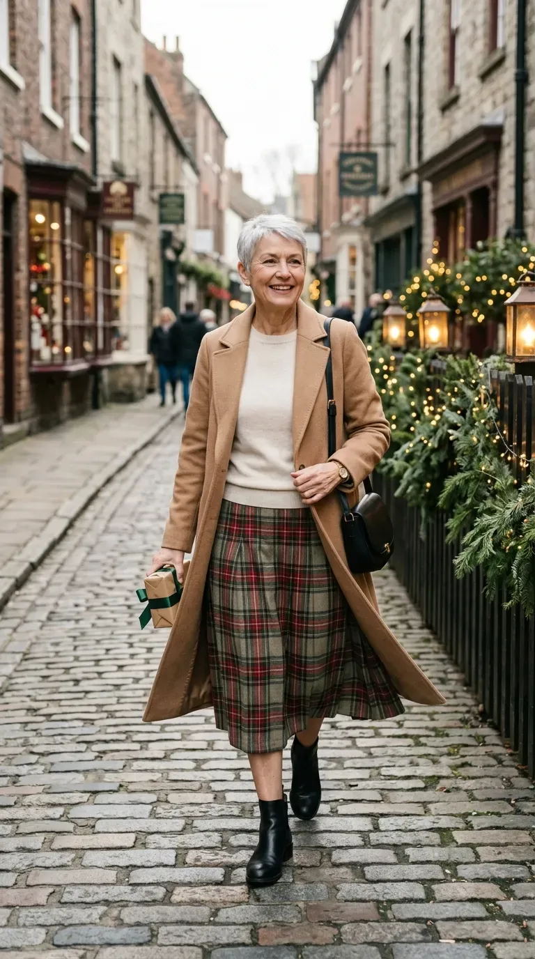Woman over 50 in tartan midi skirt, cream sweater and ankle boots on a lantern-lit lane