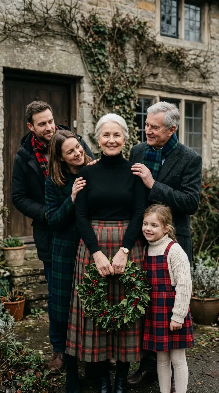 Woman over 50 in muted tartan outfit for a coordinated Christmas family photo