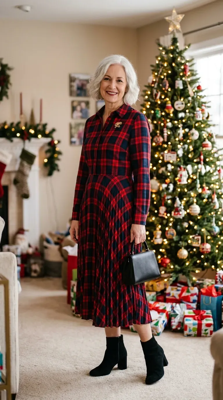 Woman over 50 in tartan pleated midi dress and black suede boots at a Christmas family gathering