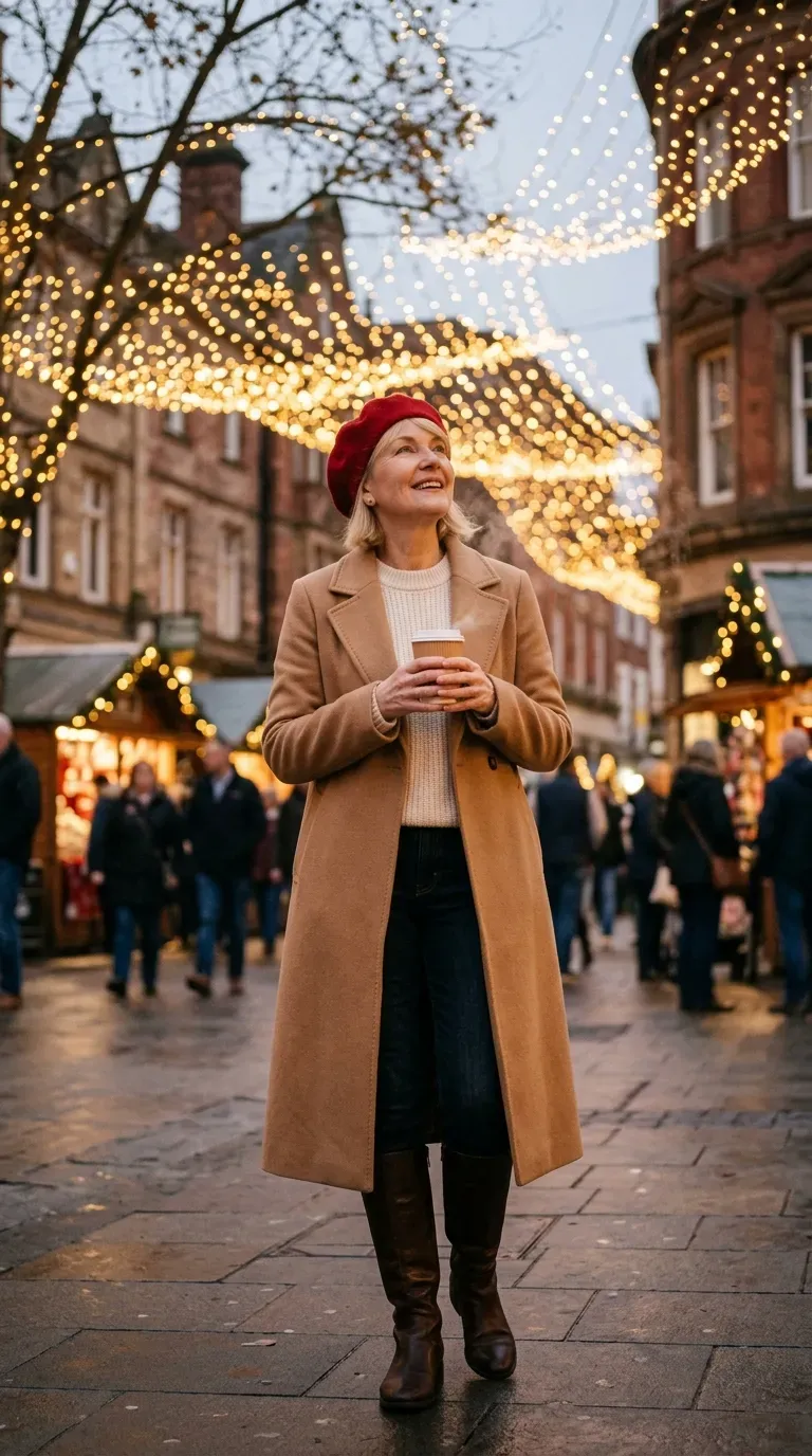 Woman over 50 in black long coat, black jeans and tartan scarf at a Christmas lights display