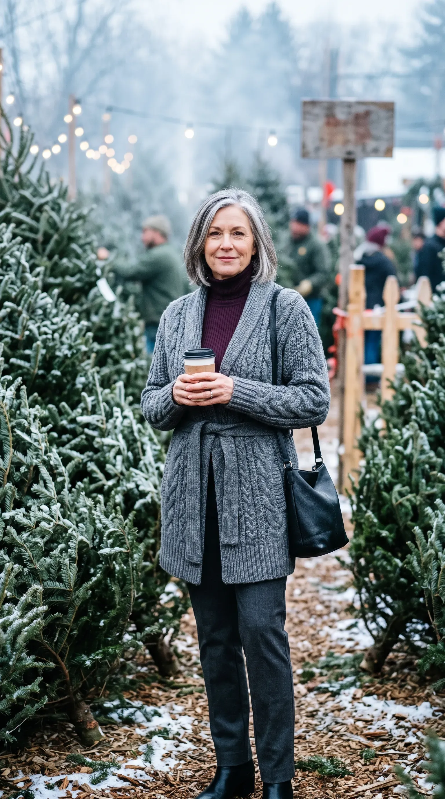 Woman in black wool coat, tartan scarf and indigo jeans on a snowy porch with a gift