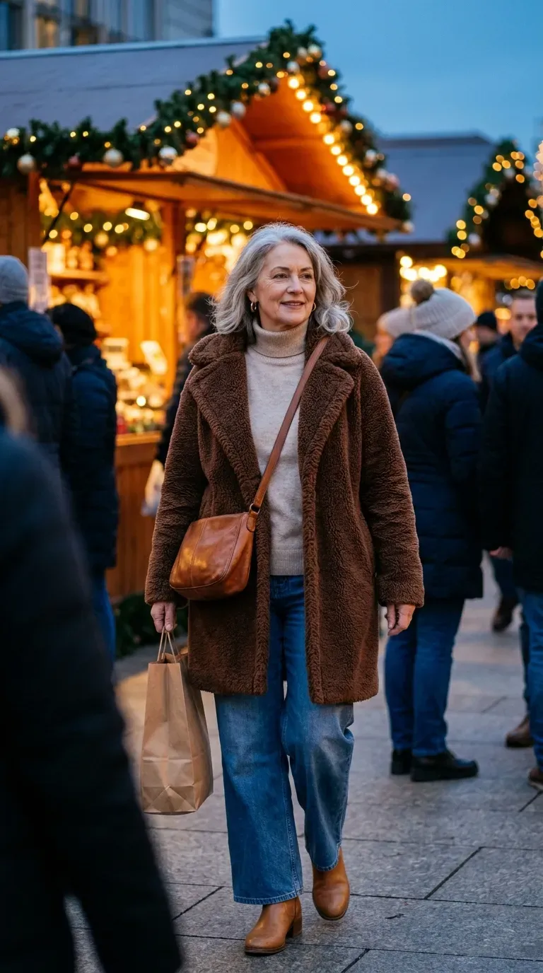 Woman over 50 in chunky knit, dark jeans and tartan scarf at a Christmas market
