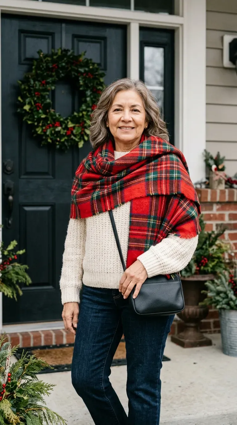 Woman over 50 in cream sweater, dark jeans and tartan scarf for a family Christmas photo