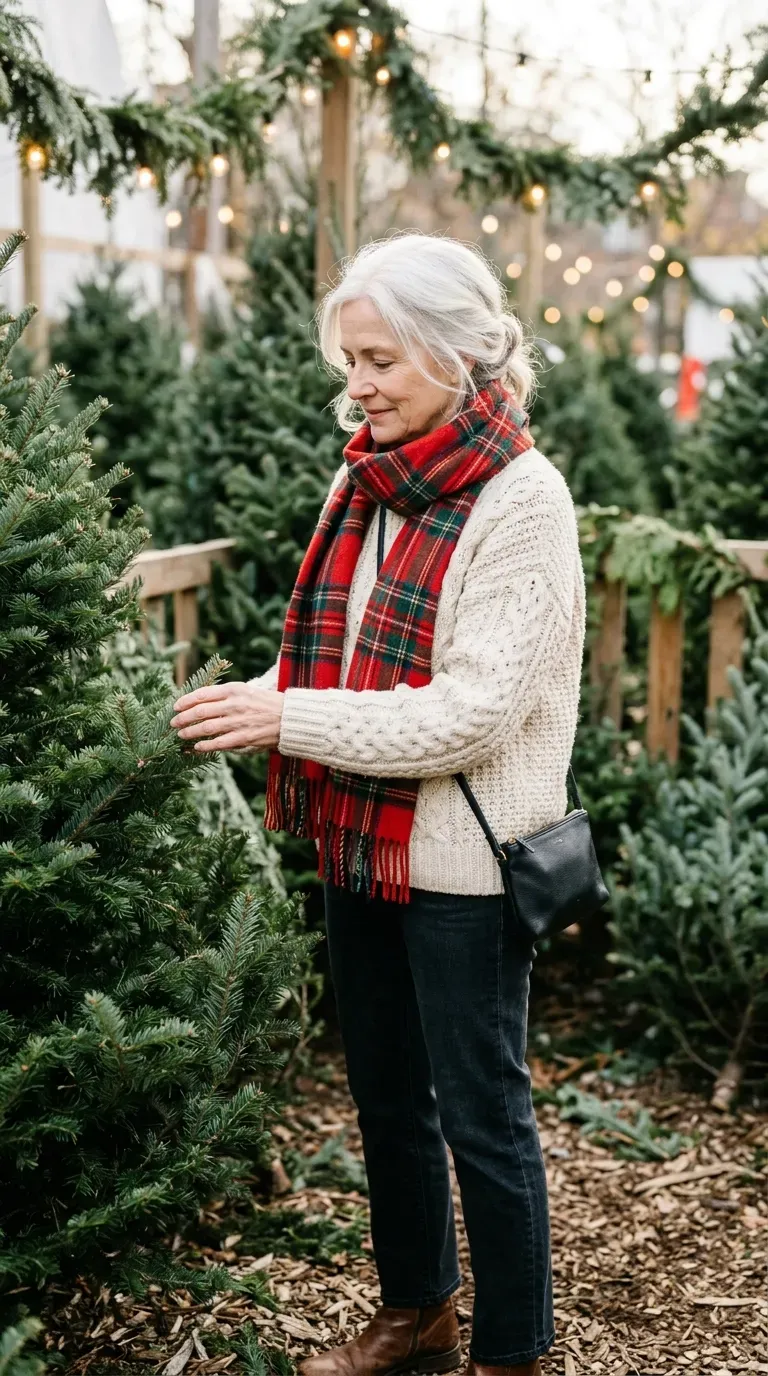 Woman over 50 in cream sweater, dark jeans and tartan scarf at a Christmas tree farm