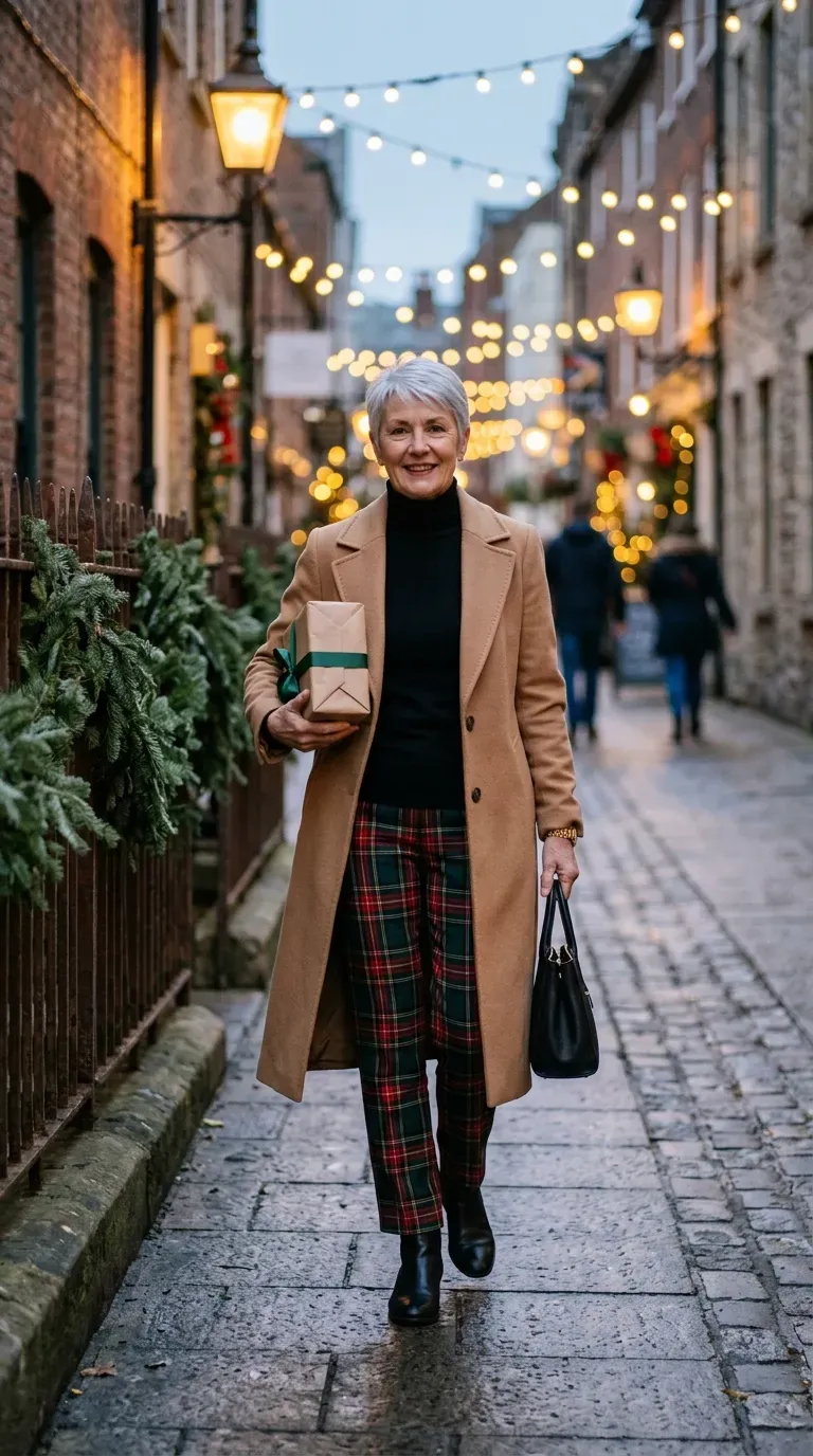 Woman over 50 in tartan trousers and black turtleneck walking a lantern-lit lane
