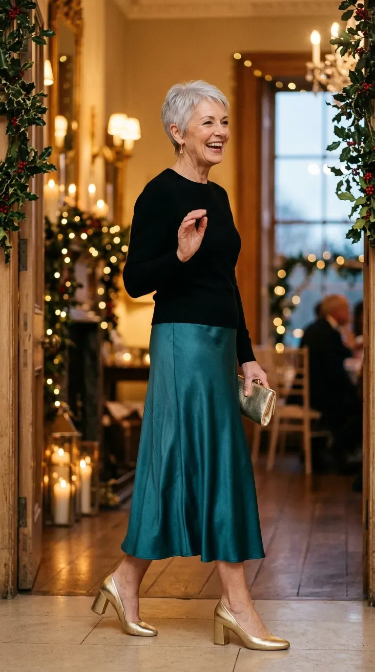 Woman over 50 in teal satin midi skirt and black cashmere sweater at a winter wedding