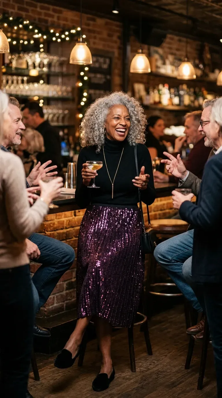 Woman over 50 in teal velvet midi dress and black ankle boots at a festive bar
