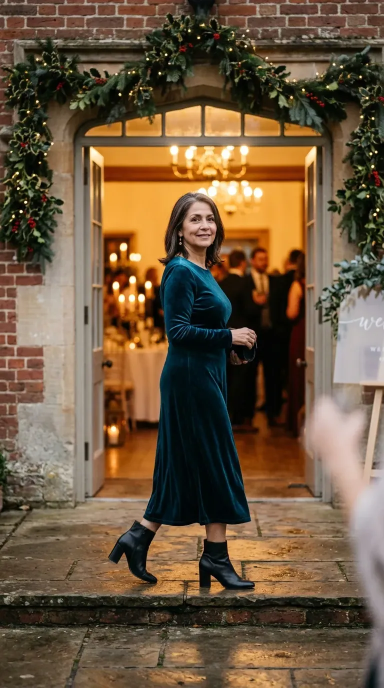 Woman over 50 in teal velvet midi dress and black block-heel boots at a winter wedding